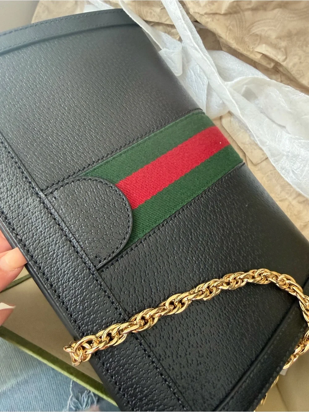 Black Women's Shoulder Bag with Green-Red Web Stripe and Gold Chain